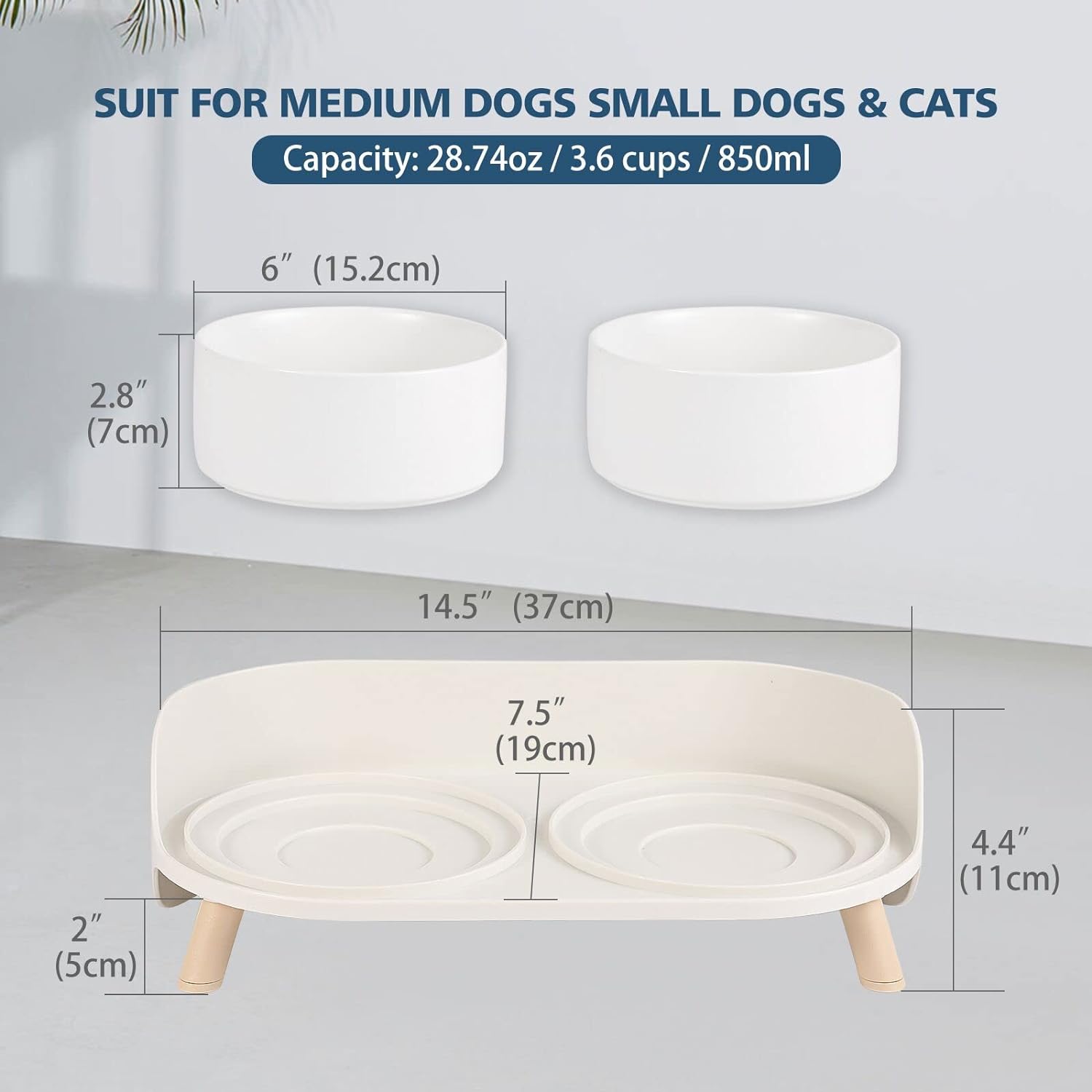 Elevated Double Dog Bowl Set with Stand - Splash Proof Raised Food and Water Dishes for Small to Medium Pets - 2 x 850 ml Capacity