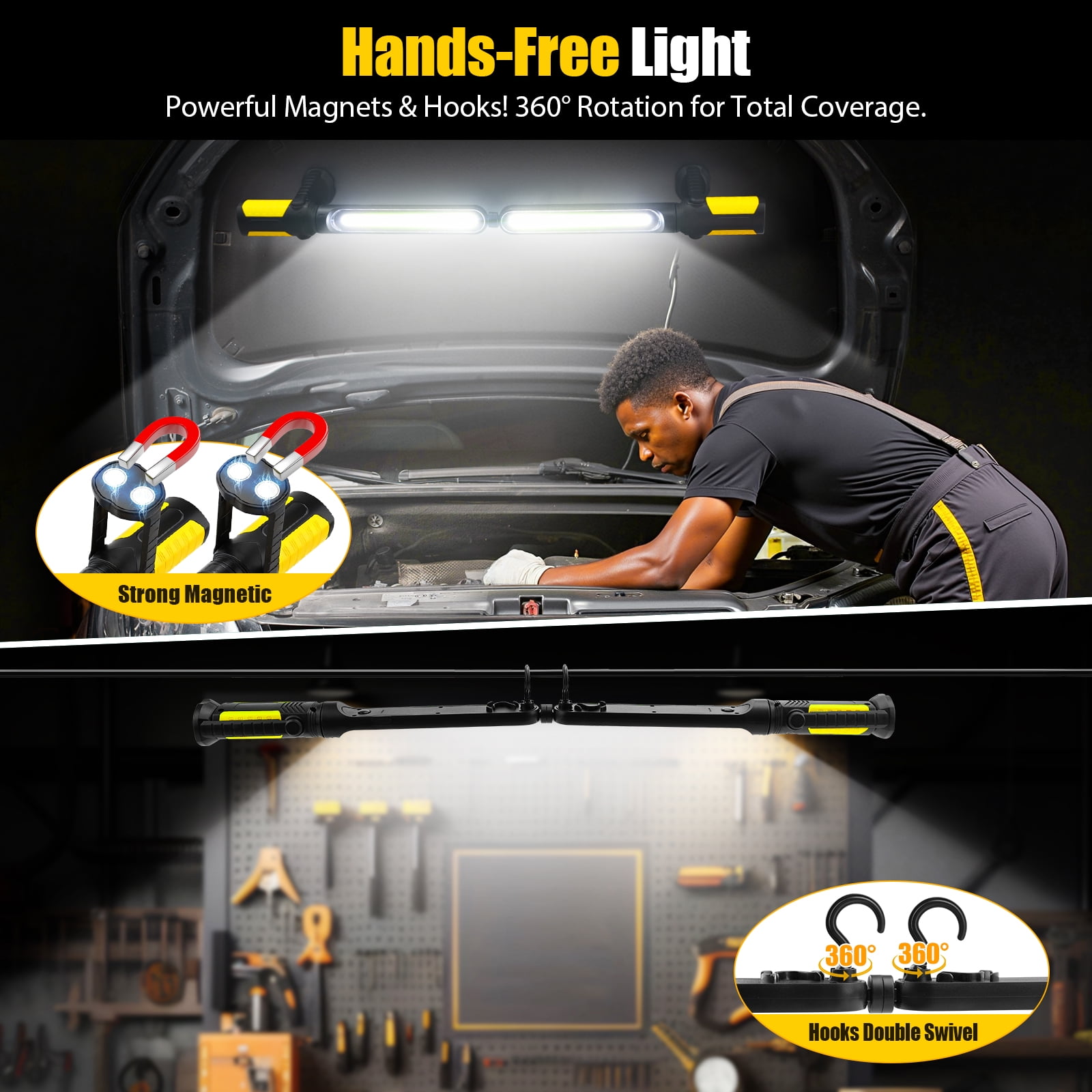 Mechanic Light – 2 IN 1 Underhood Work Light, LED Magnetic Automotive Work Light, Cordless Rechargeable Work Light t for Garage, Workshop, Car Repair, Emergency