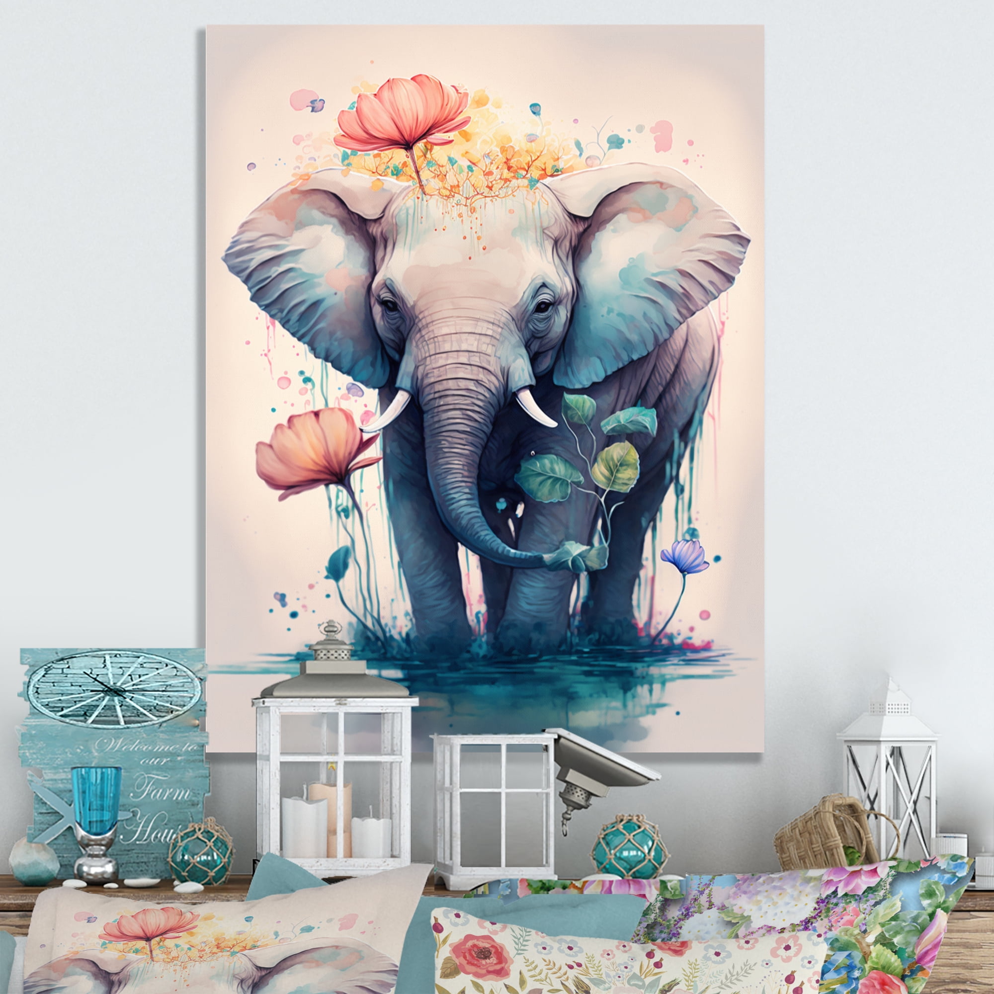 Designart Cute Elefant Floral Art II Canvas Wall Art