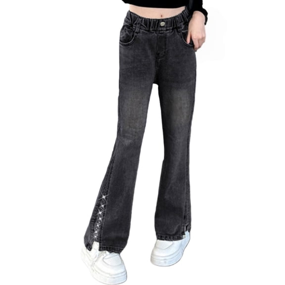 Otqutp Tween Girls Bell Bottom Flare Jeans Wide Leg Elastic Waist Denim Pants Star Embroidered Trendy Leggings Loose Trousers Outfit