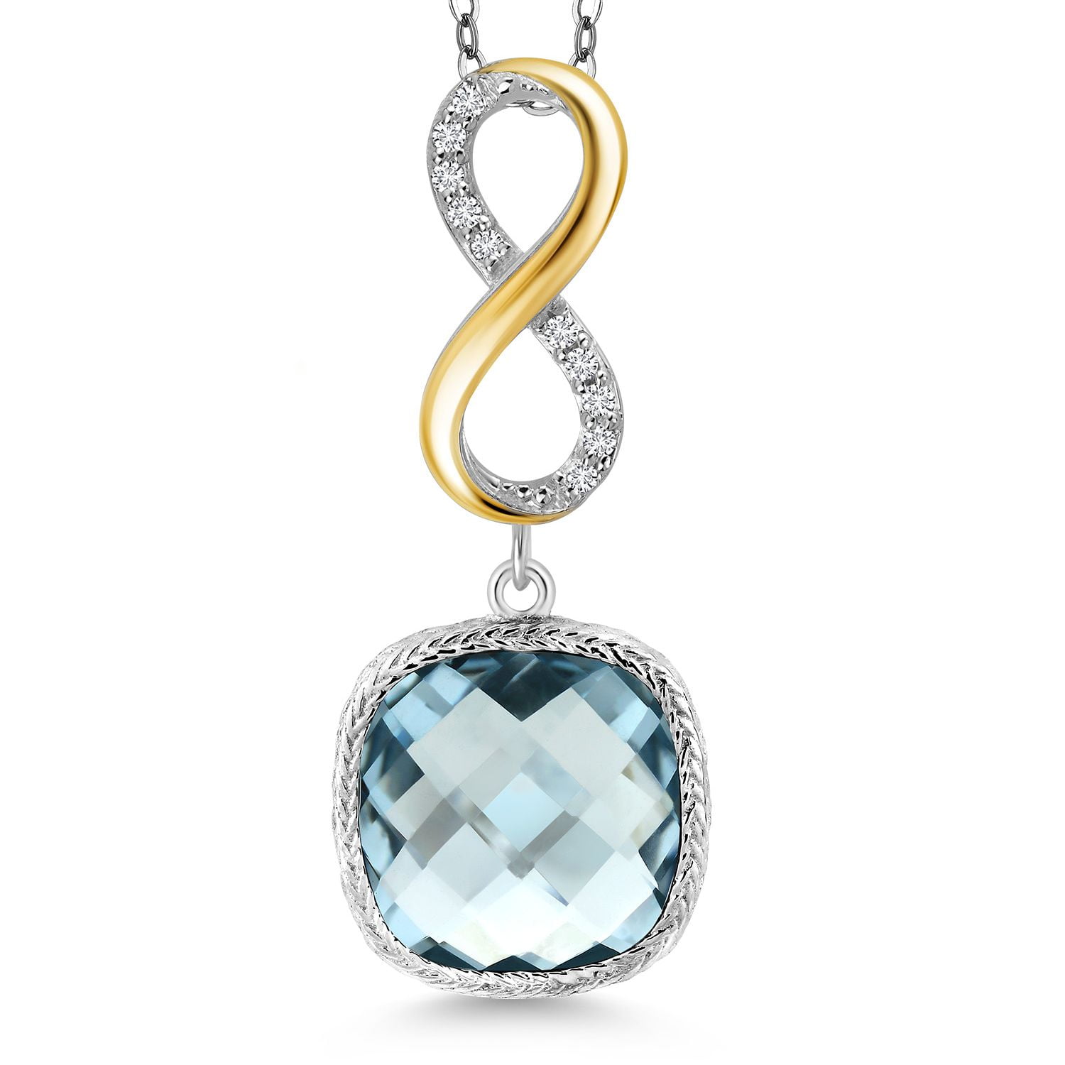 Gem Stone King 925 Sterling Silver Sky Blue Simulated Aquamarine and White Lab Grown Diamond Pendant Necklace for Women | 6.08 Cttw | Gemstone March Birthstone | Cushion 12MM | With 18 inch Chain