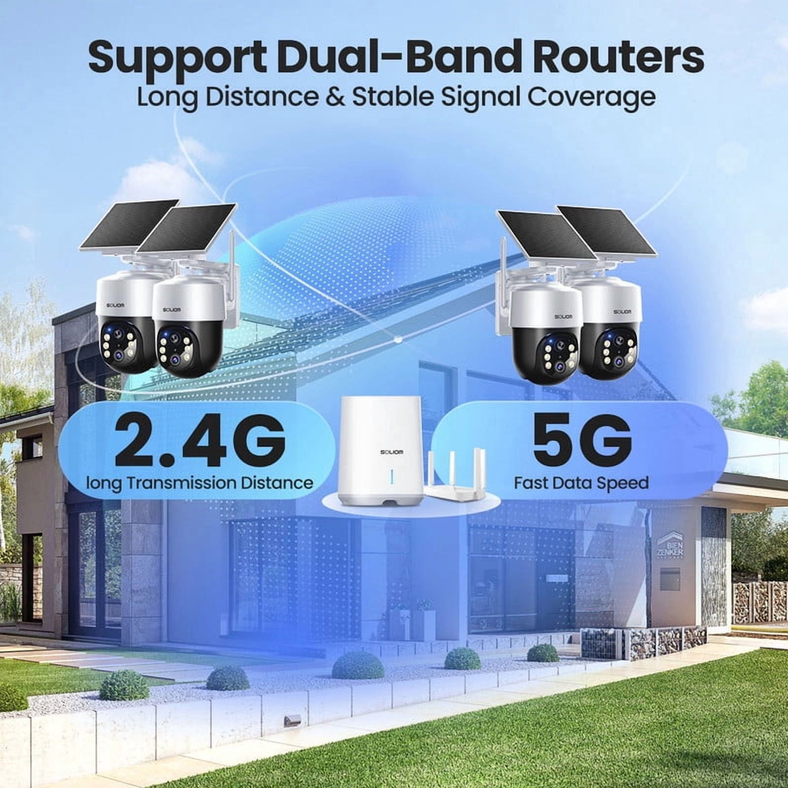 Soliom Wireless Outdoor Solar Security Camera 4-Cam Kit, 360° Auto Tracking with Radar, 5G/2.4G WiFi, 4K UHD Day & Night, No Fee, Home Security