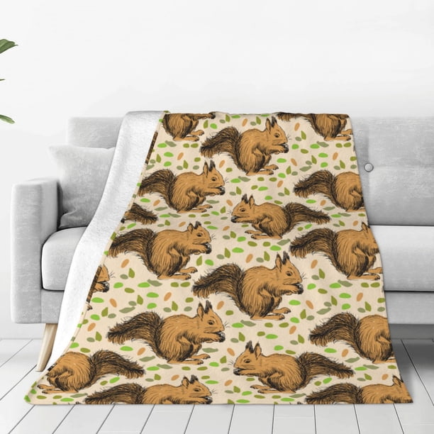 Fotbe Cute Squirrel with Green Leaves Manta de Franela Acolchonada con Estampado, Súper Suave y Esponjosa, Extra Grande para Sofá, Cama, Uso Todo el Año-60"x50"