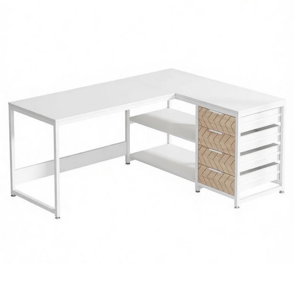 White Office Desk with Wood Storage Drawers and Open Shelves, Rectangular Computer Writing Desk Workstation for Home Office Study Room, Modern Style