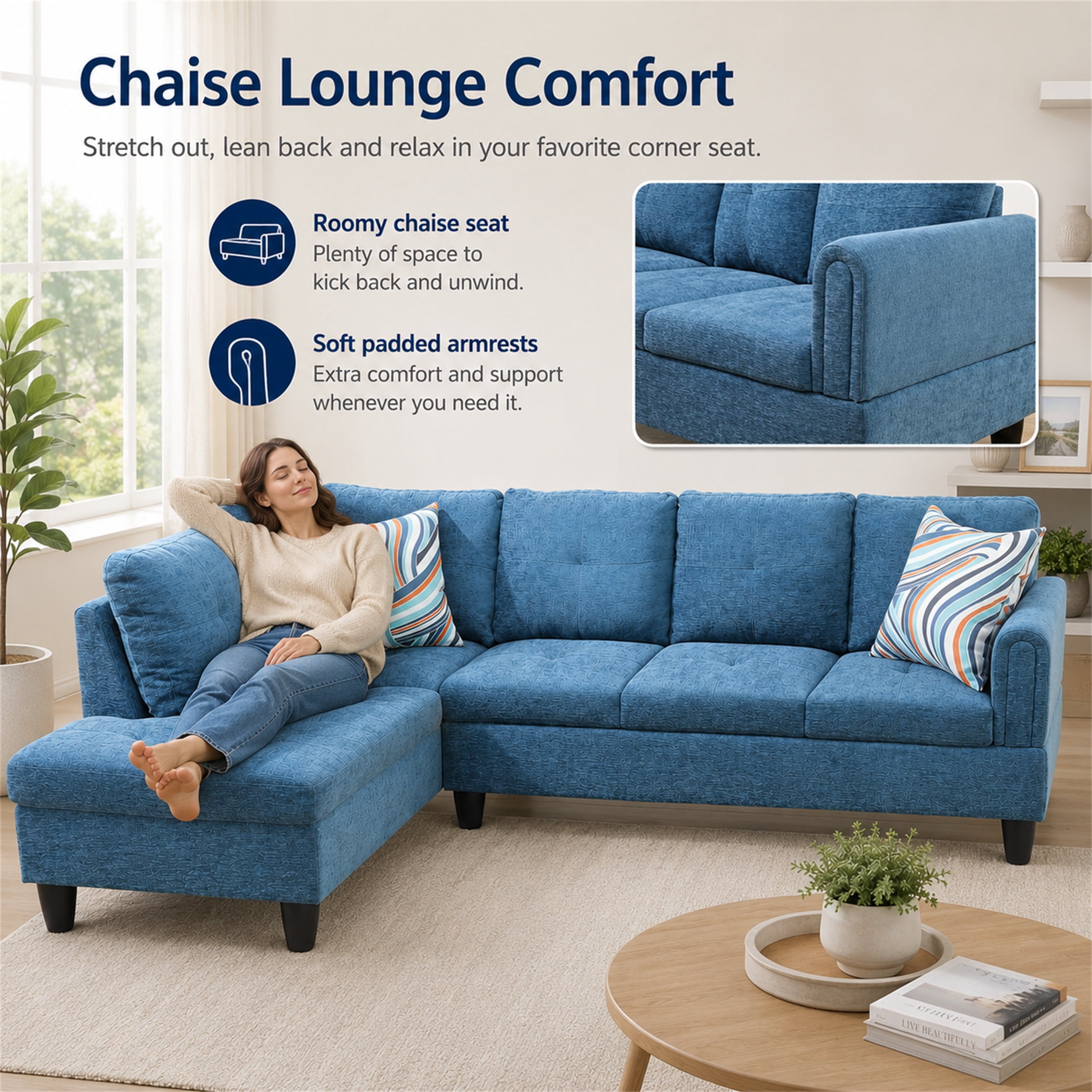 Aukfa 97" Classic Sectional Sofa 4 Seat L shape Couch with Oversized Left Chaise for Living Room, 2Pillows, Linen, Blue