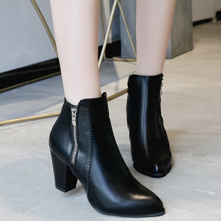 即日発送 27cm Leather Side Zip Heel Boots Chenyee Ankle Boots for Women Block Heel Side Zipper Pointd Toe