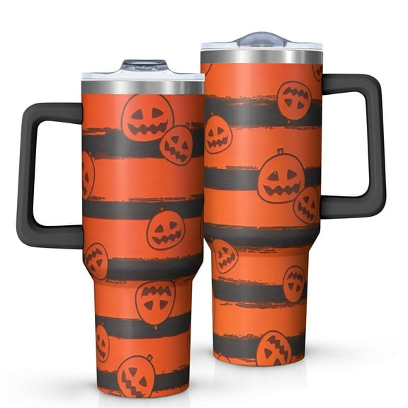 Halloween Striped Pumpkin Pattern Tumbler with Handle and Lid,40oz Double Wall Vacuum Insulated Tumbler,Cups Gift for Women and Men