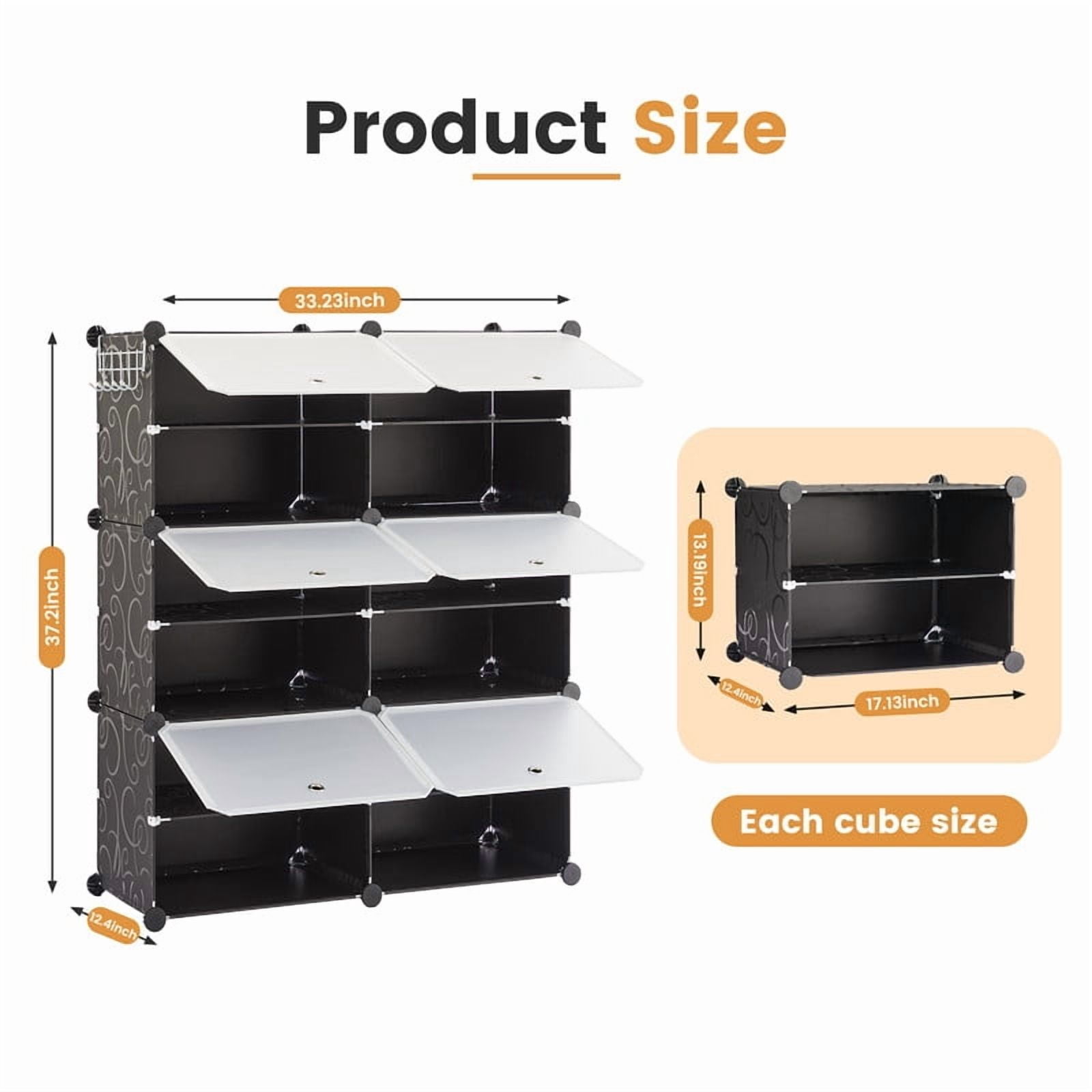 Gianna 3-Tier Shoe Rack with Side Hooks, 24-Pair Capacity Sturdy Metal Frame Storage Organizer, White&Black Plastic Panel Shelf for Entryway, Bedroom&Dressing Room，Black