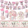 thumbnail image 3 of Lindo juego de vajilla para fiesta de cumpleaños con melodía de Sanrio, pancarta para tarta, adorno desechable, bandera colgante, globos con melodía, decoración de cumpleaños, 3 of 6