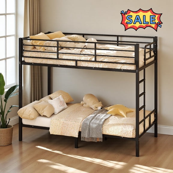 Tcbosik Bunk Bed Twin Over Twin Size, Heavy Duty Metal Bed Frame with Side Ladder and Safety Guardrail, Easy Assembly, Black