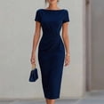 thumbnail image 4 of ClodeEU Women's Boat Neck Short Sleeve Side Ruched Waist Midi Bodycon Pencil Dress,Elegant Office Wedding Guest Sheath Dress Blue,Women's Plus M, 4 of 7