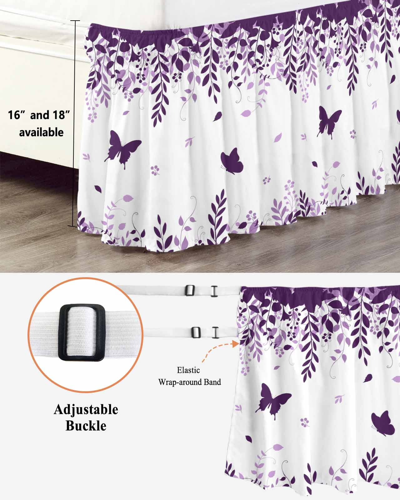Butterflies Bed Skirt Queen Size 16 Inch Drop, Spring Purple Butterfly Falling Leaf Plant Silhouette Adjustable Elastic Dust Ruffles Bedskirt for Queen Bed Wrap Around Pleated Mattress Frame Cover