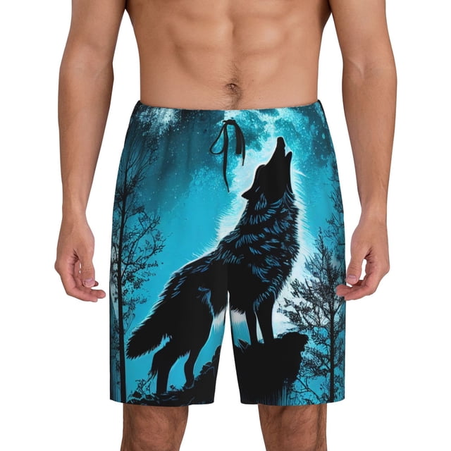 Fotbe Blue Full Moon Wolf Pantalones Cortos de Pijama para Hombre, Ropa de Dormir, Pantalones de Pijama Cortos para Hombre-3X-Large