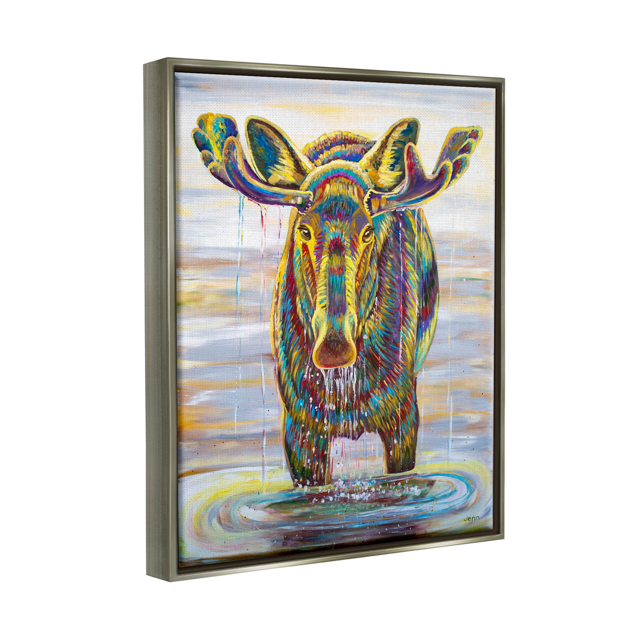 Moose Water Drip Nature Lake Animals & Insects Painting Luster Gray Framed Art Print Wall Art