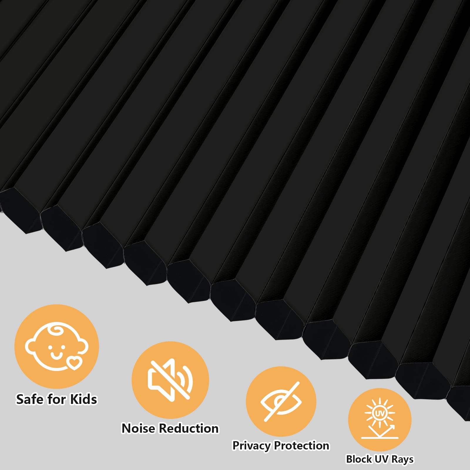 Jane Stone No Drill 34x48" Blackout Cellular Shades, Cordless Free Stop Honeycomb Blinds, Thermal Insulating & Noise Reducing Window Blinds, Black