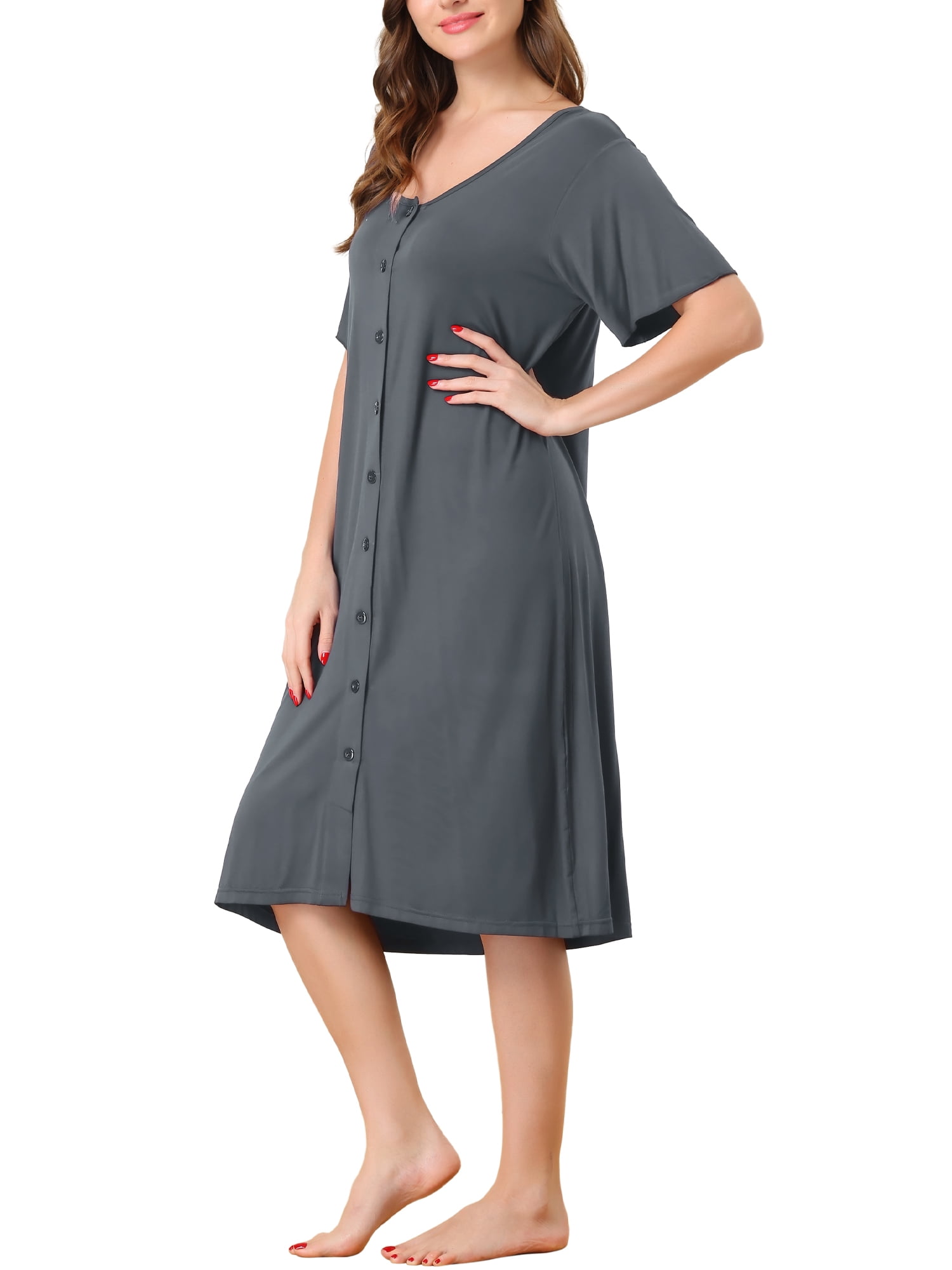 Unique Bargains Womens Modal Nightshirt Soft Button Down Short Sleeve Nightgown