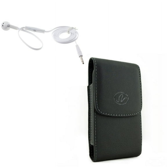 Compatible With Google Pixel 3a XL - Black Leather Case w Flat Wired Headset MONO Handsfree Earphone Mic