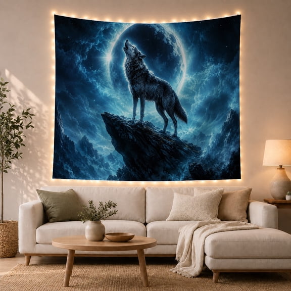 Howling Grey Wolf on Rocky Peak under Full Moon, Dramatic Fantasy for Wildlife Fans, Moonlit Wilderness Art, Housewarming Gift, Tapestry Wall Hanging for Bedroom and Den