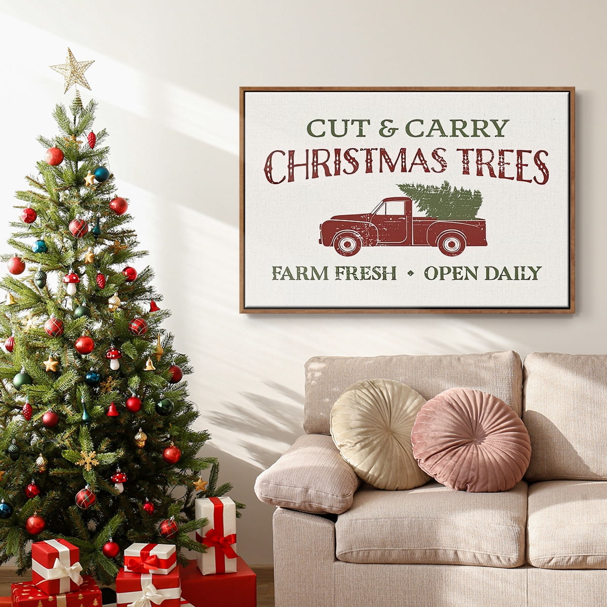 Christmas Farm Sign II - Framed Gallery Wrapped Holiday Canvas - 17 x 25 - Rosewood Frame