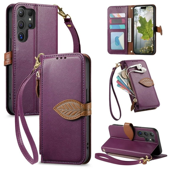 Allytechgroup Case for Samsung Galaxy S26 Edge with Credit Card Slot, PU Leather Flip Cover with Shoulder Strap Wrist Strap Shockproof Full Body Bumper for Samsung Galaxy S26 Edge, Purple
