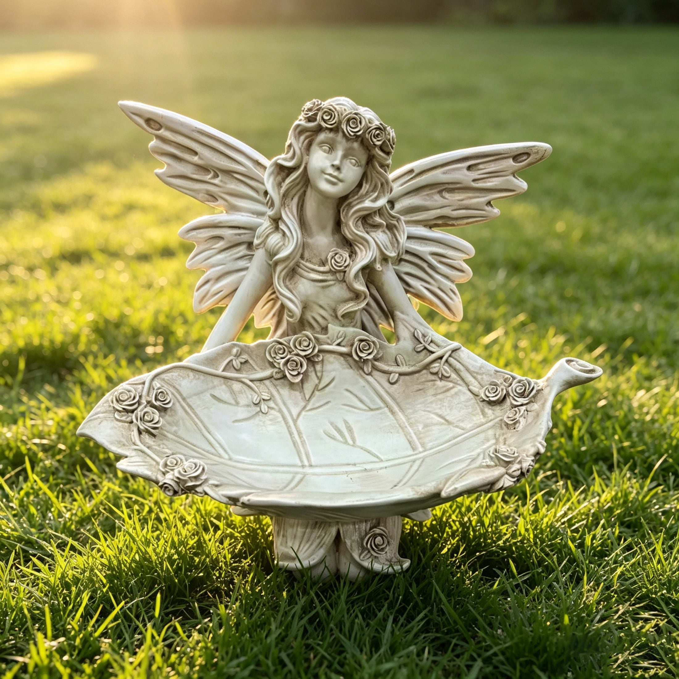 GDF Studio Fairy Angel Garden Statue with Leaf Tray, Vintage Off-White Resin Sculpture Figurine, Outdoor Yard Lawn Decor