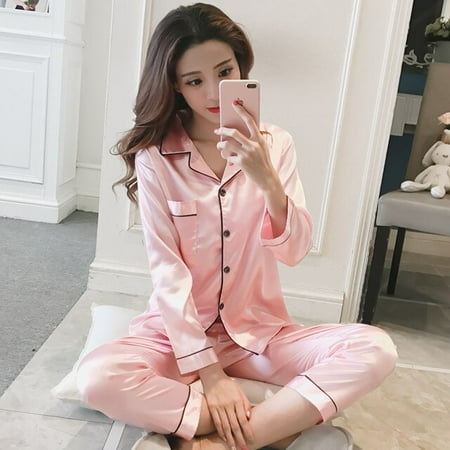 

Silk Satin Pajamas for Womens Pyjamas Set Long Sleeve Sleepwear Women Pajamas Suit Female Two Piece Set Loungewear Plus Size