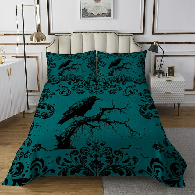 Erosebridal Halloween Crow Damask Flower Bedspread Set Queen Size Ultra Soft