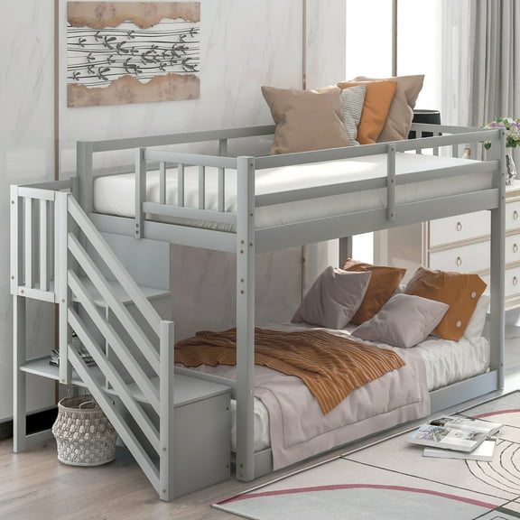 Hassch Twin Over Twin Floor Bunk Bed, Ladder With Storage, Gray