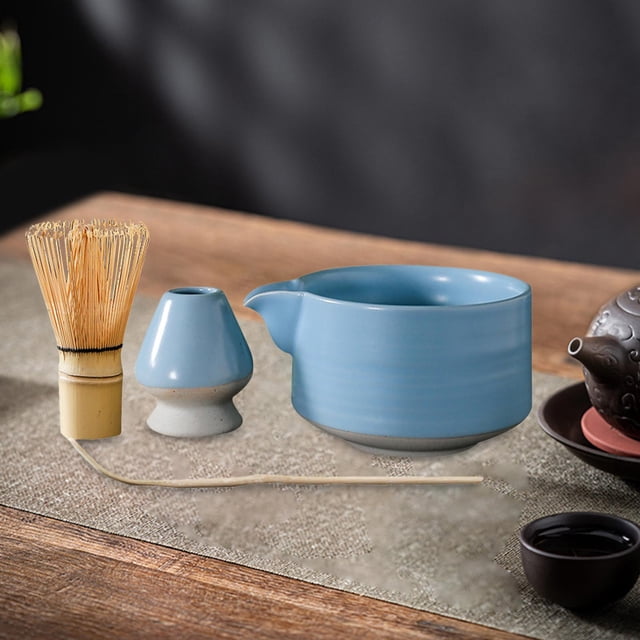 Juego de 4 batidores Matcha con accesorios y herramientas, juego completo de tazón de té ceremonial japonés para hacer té Azul BLESIY batidor de matcha