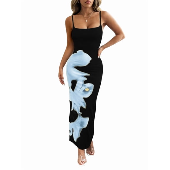 Women Summer Casual Floral Dresses Spaghetti Strap Bodycon Maxi Beach Dress Black S
