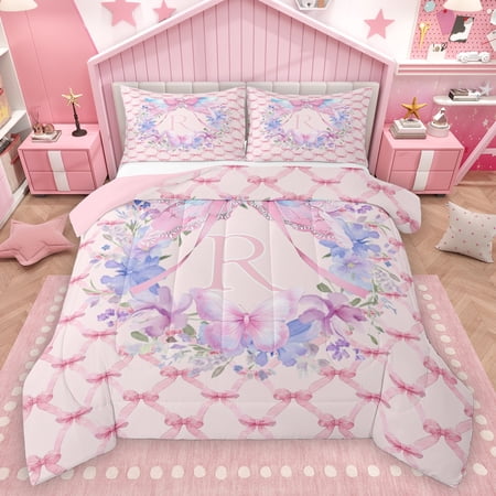 Homewish Princess Letter R Bedding Comforter Set for Kids Girly Pink Ribbon Bow-tie Twin Comforter Sets Cute Cartoon Butterfly Reversible Bedding Set Super Cozy Room Decor 2pcs