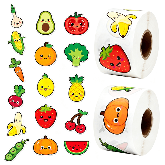 CCOCC 1000Pcs Cute Fruit Stickers Rolls,Waterproof Self-Adhesive Food Stickers with 16 Designs,Funny Vegetable Reward Stickers for Kids,Scrapbook,Journal and Party Favors