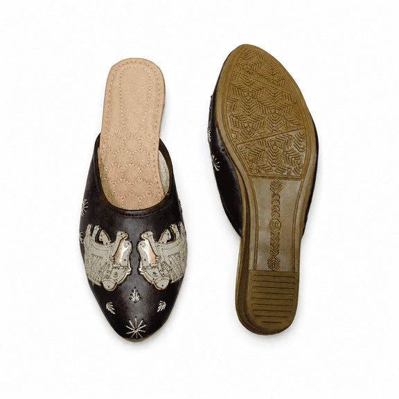 Forevercreation - Women's Ethnic Brown Mule Jutti Slip-On Flats with Metallic Traditional Embellishments | Festive Casual Footwear |Size - 4