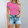 thumbnail image 5 of Kinrui Short Sleeve Fitted T-Shirts for Women Denim Patchwork Trim Casual Summer Tops Hot Pink XL, 5 of 6