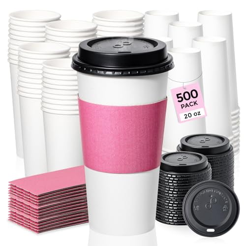 Fit Meal Prep [500 Pack 20 oz Paper To Go Coffee Cups with Lids and Pink Sleeves, Disposable, White Dome Lids Leak Proof for Hot/Cold Beverages, Chocolate, Tea, Juice, Party