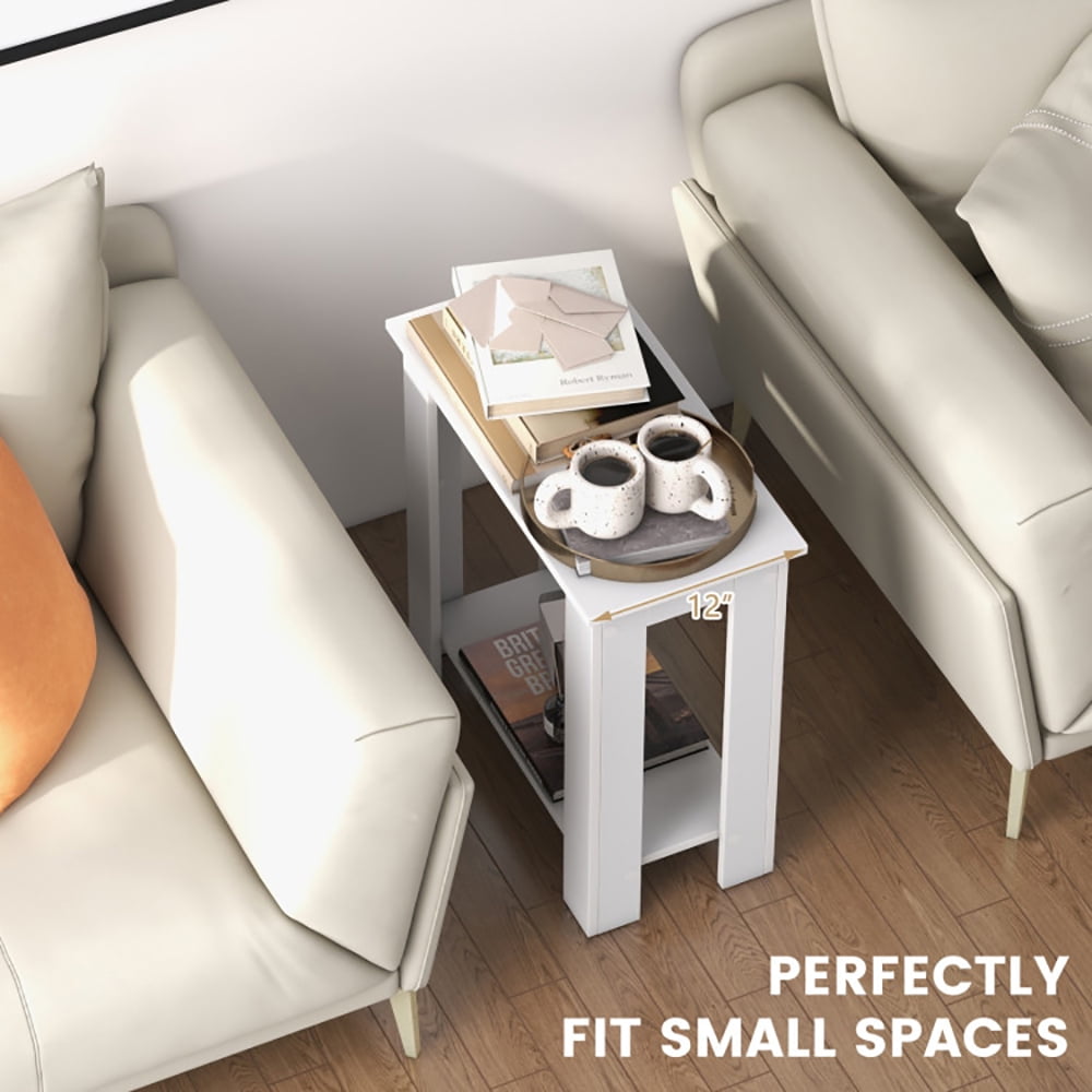 Finihen End Table, 2-Tier Modern Compact End Table with Storage Shelf, Sofa Side Table, Bed Side Table, for Living Room, Bedroom, White Finihen End Table, 2-Tier Modern Compact End Table with Storage Shelf, Sofa Side Table, Bed Side Table, for Living Room, Bedroom, White