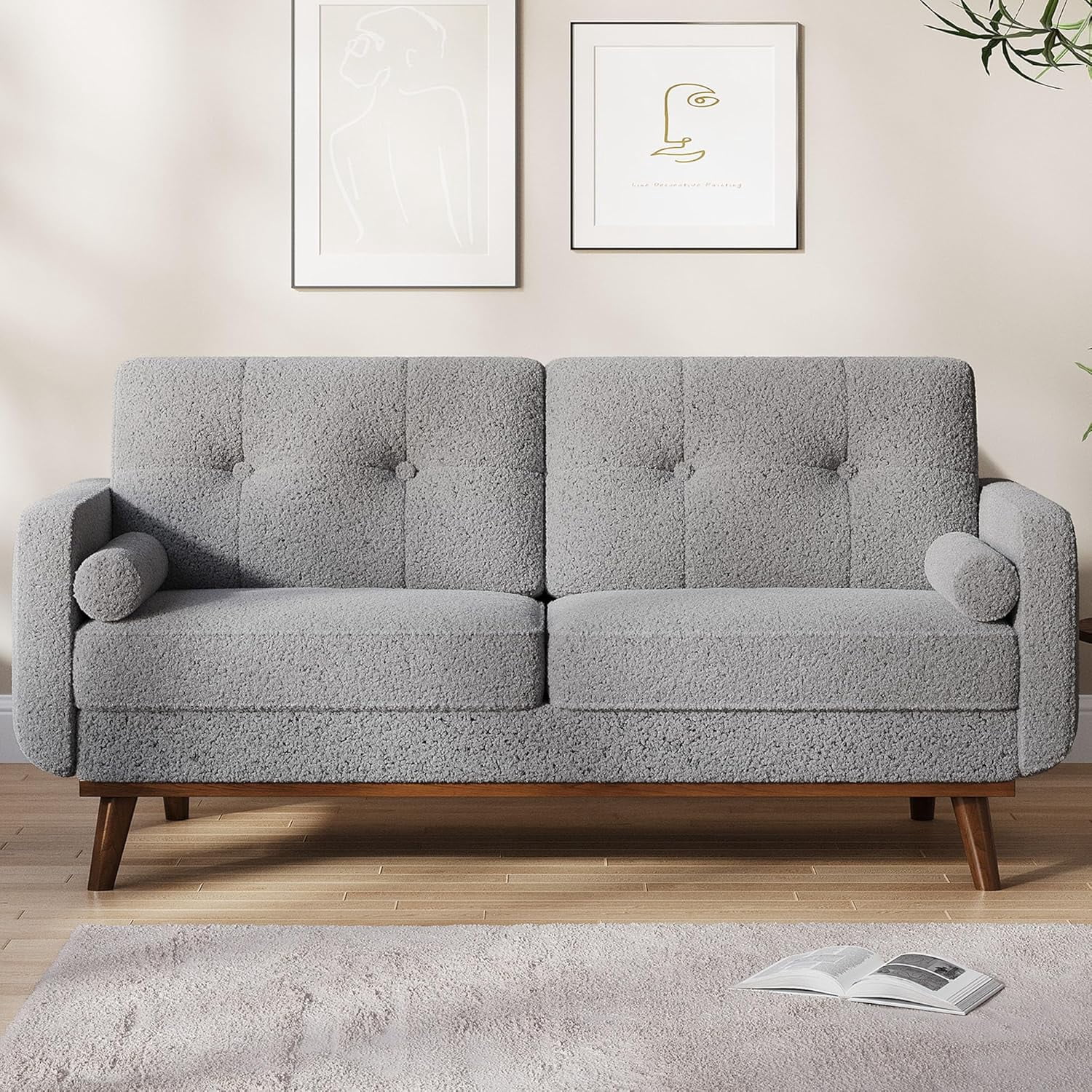 IdealHouse 65" Loveseat Sofa, Mid Century Modern 2-Seater Couch, Teddy Fleece Boucle Upholstered, Deep Seat Love Seat for Living Room, Bedroom, Grey