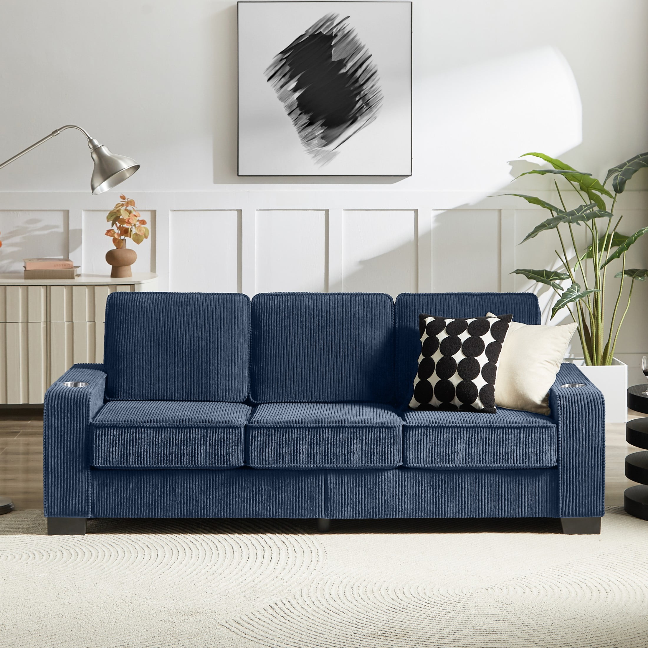 Aukfa 84" Corduroy Sofa with Cup Holders, Modern 3-Seater Fabric Couch for Living Room, Blue