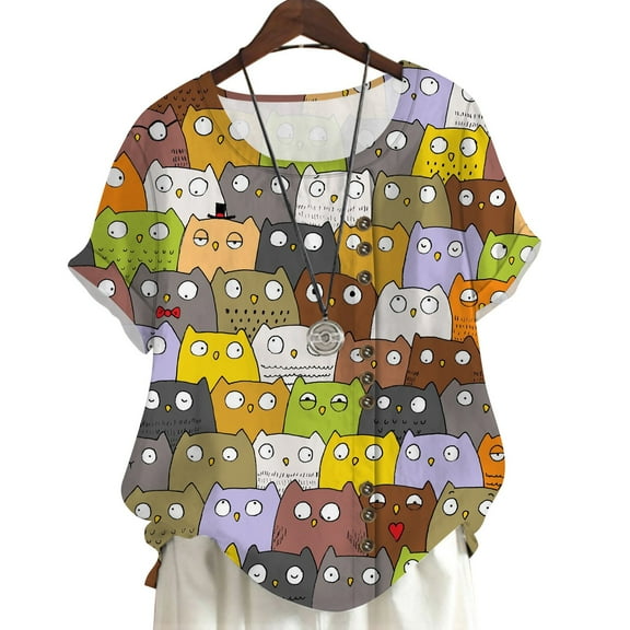 CLOOCL Crew Neck Blouse Cartoon Kitten 3D Printed Short Sleeve Tops Plus Size