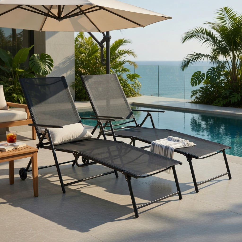 Hommoo 2-Pack Foldable Patio Chaise Lounge Chairs with 6-Position Reclining Backrest, Heavy-Duty Metal Frame, Quick-Dry Fabric, Black
