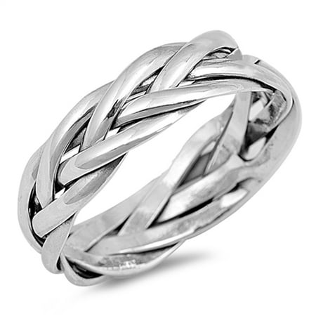 Braided Knot Weave Men's Wedding Ring ( Sizes 6 7 8 9 10 11 12 13 ) New .925 Sterling Silver Band Rings by Sac Silver (Size 6)