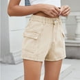thumbnail image 4 of Women's Stretch Denim Casual Shorts - Button Flap Pockets & Elastic Waistband, Faded Solid Color Retro Jean Shorts for Daily Wear,Khaki L, 4 of 5