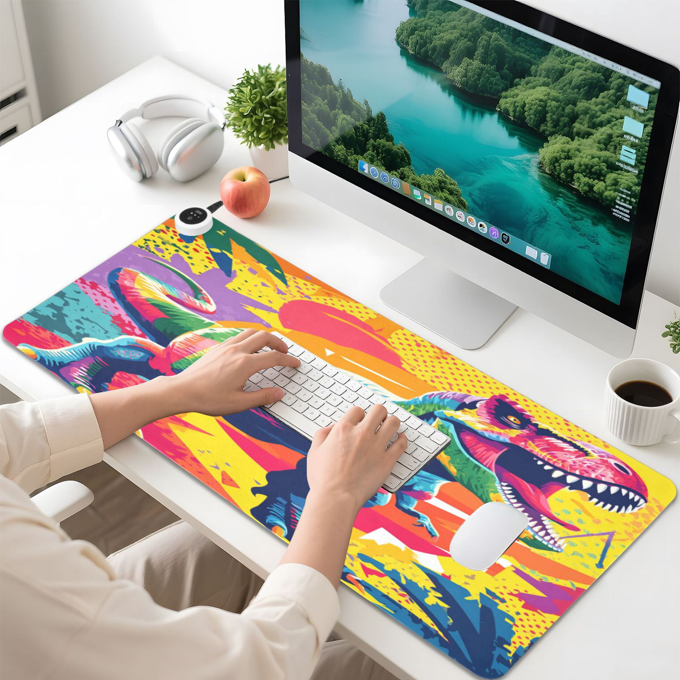Large Heated Desk Mat Mouse Pad 31.5"x13"PU Leather Graphene Heating Desk Warmer with 3 Temperature Settings 110V US Plug Non-Slip Warm Pad for Home, Office, and Gaming Bold Tropical Dino Design