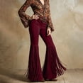 thumbnail image 5 of Karymi Pants for Women Western Style Fringe Bell Bottom Trousers, Solid High Waist Flare Long Pants, Slim Fit Stretch Retro Cowboy Pants , Belt Not Included Sweatpants Women, 5 of 6
