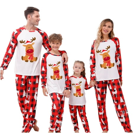 

Christmas Pajamas for Family Funny Elk Deer Graphic Matching Pjs Sets Soft Red and Black Plaid Long Sleeve Sleepwear