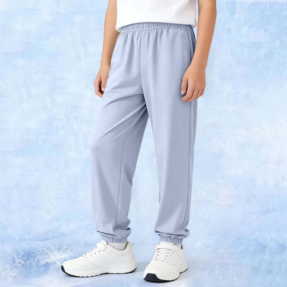 Kids Lightweight Breathable Jogger Pants, Drawstring Elastic Waist Cuffed Ankle Athletic Trousers for Boys Girls Outdoor Play Light Blue 11-12Y