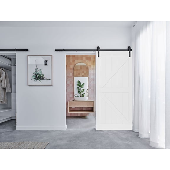36''x84''Modern K Shape Primed Sliding Barn Door with Installation Hardware Kit (Double Door & Soft Close Optional)
