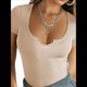 thumbnail image 1 of Camisetas de Corta para Mujer, Ajustadas, de Punto Acanalado, con Cuello en V, Top Corto Básico Albaricoque L, 1 of 9