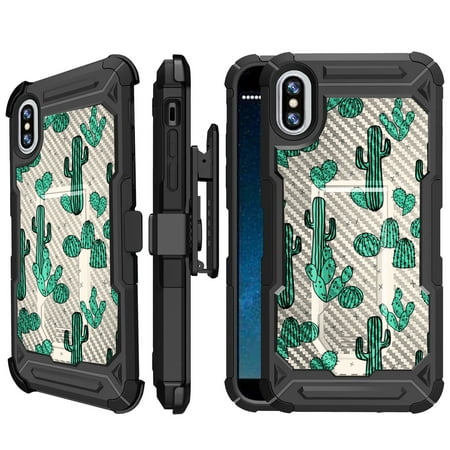 Apple iPhone X Rugged Protection Case [UFO DEFENSE] iPhone X Case w/ Carbon Fiber Texture Hard Shell Case [Built-In Kickstand][BONUS Belt Clip Included] - Cute Green Cactus