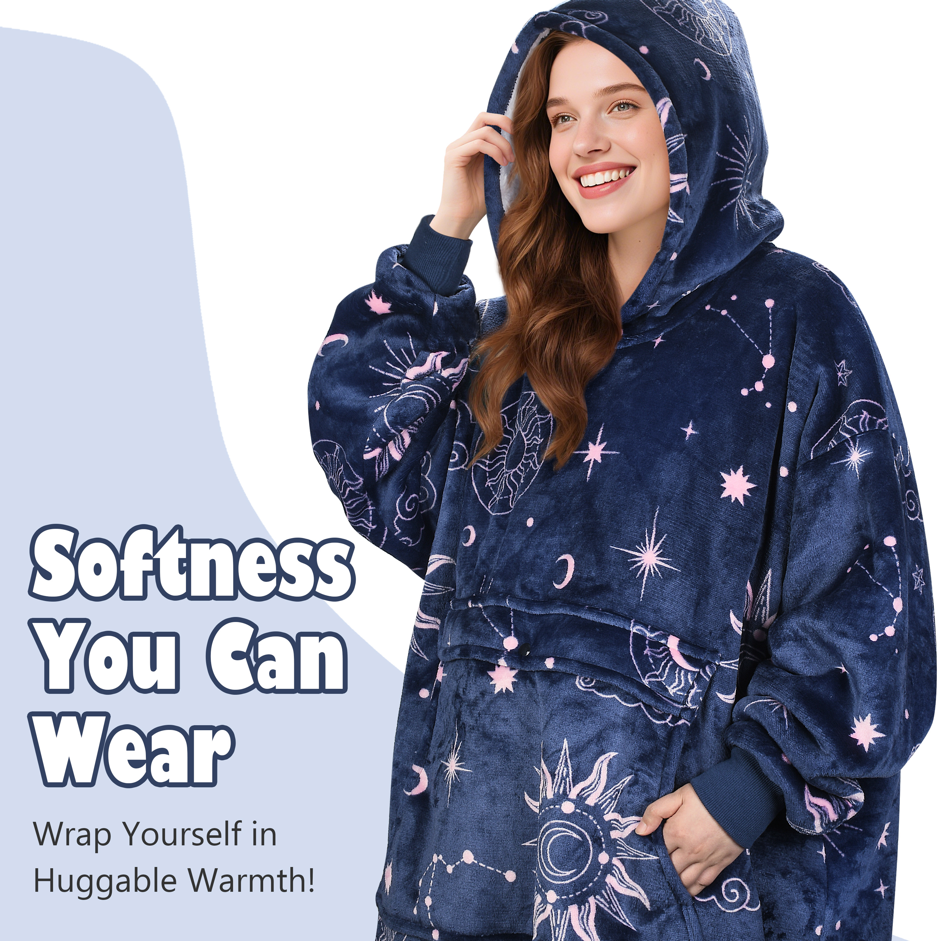 Catalonia Oversized Hoodie Blanket Sweatshirt, Comfortable Sherpa Lounging Pullover for Adults, Gifts for Women, Astrology Navy